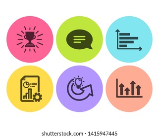 Chat, Report and Horizontal chart icons simple set. Share idea, Trophy and Upper arrows signs. Speech bubble, Presentation document. Education set. Flat chat icon. Circle button. Vector