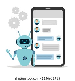 Chat-Roboter-Kundenservice auf Smartphone-Bildschirm in flachem Design auf weißem Hintergrund. Mann chattet mit süßem lächelnden Roboter.