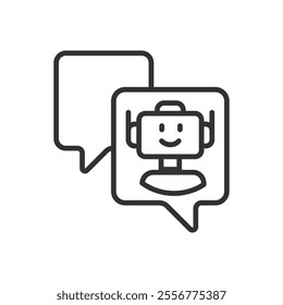 Chat with robot, icon in line design. Chat, robot, communication, AI, dialogue, technology, conversation on white background vector. Chat with robot editable stroke icon