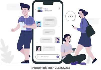 chat room concept flat design illustration, chat groups, social media messaging, people doing group chatting, social media group, chatting, support chat, online message groups, live chat