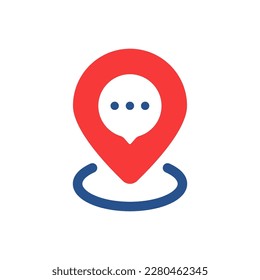 chat room icon with red pinpoint and speech bubble. flat simple trend modern logotype graphic design web element isolated on white. concept of abstract badge for local chatroom or messenger button