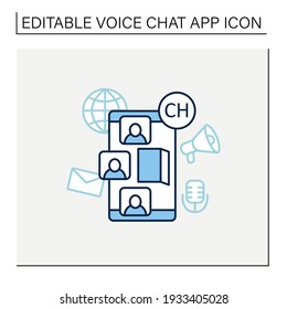 Icono de línea de salas de chat. Resumen de la sala de comunicación con los amigos. Comunicar el concepto. Ilustración vectorial aislada. Trazo editable