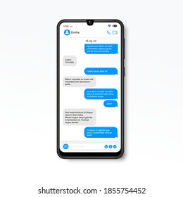 Chat screen vector illustration. Messaging template. Realistic phone