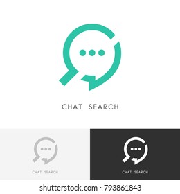 Chat search logo - dialogue or message and loupe or magnifier symbol. Business, conversation and discussion vector icon.
