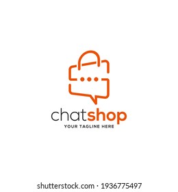 chat Shop Logo Design Template. Shopping Logo vector icon illustration design. Shopping bag icon for online shop business logo. Online store logo vector illustration. flat color style with orange.