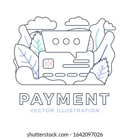 Chat sign and Credit Card Vector stock illustration. Outline style Payment illustration for landing page or presentation. The concept of support services in the banking sector. Correspondence Bank.