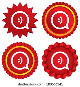Chat sign icon. Speech bubble with smile symbol. Communication chat bubbles. Red stars stickers. Certificate emblem labels. Vector