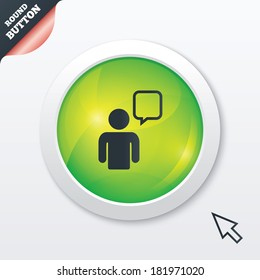 Chat sign icon. Speech bubble symbol. Chat bubble with human. Green shiny button. Modern UI website button with mouse cursor pointer. Vector