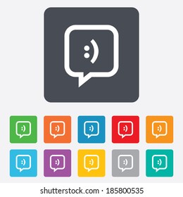 Chat sign icon. Speech bubble with smile symbol. Communication chat bubbles. Rounded squares 11 buttons. Vector
