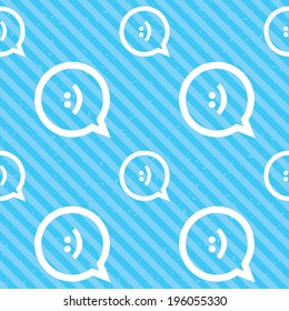 Chat sign icon. Speech bubble with smile symbol. Communication chat bubbles. Seamless diagonal lines texture. Blue grunge texture background. Vector