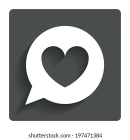 Chat sign icon. Speech bubble with heart symbol. Communication chat bubble. Gray flat button with shadow. Modern UI website navigation. Vector
