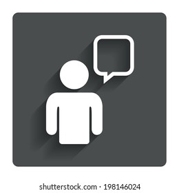 Chat sign icon. Speech bubble symbol. Chat bubble with human. Gray flat button with shadow. Modern UI website navigation. Vector