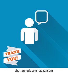 Chat sign icon. Speech bubble symbol. Chat bubble with human. White flat icon with long shadow. Paper ribbon label with Thank you text. Vector