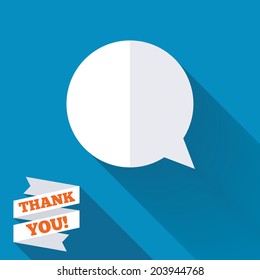 Chat sign icon. Speech bubble symbol. Communication chat bubbles. White flat icon with long shadow. Paper ribbon label with Thank you text. Vector