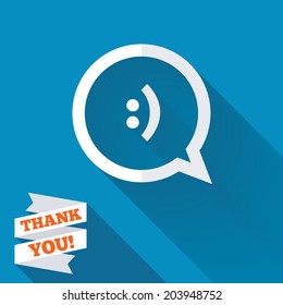 Chat sign icon. Speech bubble with smile symbol. Communication chat bubbles. White flat icon with long shadow. Paper ribbon label with Thank you text. Vector