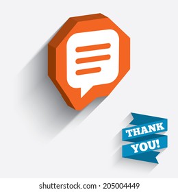Chat sign icon. Speech bubble symbol. Communication chat bubble. White icon on orange 3D piece of wall. Carved in stone with long flat shadow. Vector