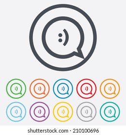 Chat sign icon. Speech bubble with smile symbol. Communication chat bubbles. Round circle buttons with frame. Vector