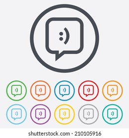 Chat sign icon. Speech bubble with smile symbol. Communication chat bubbles. Round circle buttons with frame. Vector