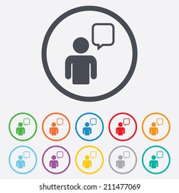 Chat sign icon. Speech bubble symbol. Chat bubble with human. Round circle buttons with frame. Vector