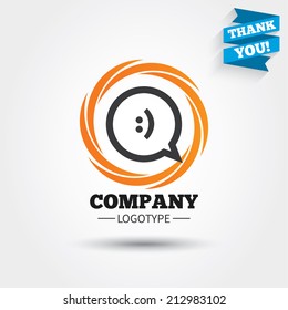 Chat sign icon. Speech bubble with smile symbol. Communication chat bubbles. Business abstract circle logo. Logotype with Thank you ribbon. Vector