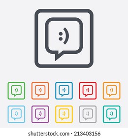 Chat sign icon. Speech bubble with smile symbol. Communication chat bubbles. Round squares buttons with frame. Vector