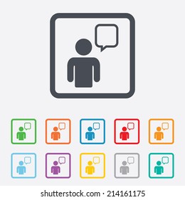 Chat sign icon. Speech bubble symbol. Chat bubble with human. Round squares buttons with frame. Vector