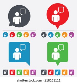 Chat sign icon. Speech bubble symbol. Chat bubble with human. Speech bubbles information icons. 24 colored buttons. Vector