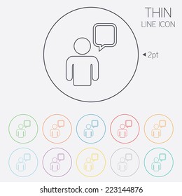 Chat sign icon. Speech bubble symbol. Chat bubble with human. Thin line circle web icons with outline. Vector