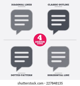 Chat sign icon. Speech bubble symbol. Communication chat bubble. Diagonal and horizontal lines, classic outline, dotted texture. Pattern design icons.  Vector