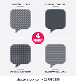 Chat sign icon. Speech bubble symbol. Communication chat bubbles. Diagonal and horizontal lines, classic outline, dotted texture. Pattern design icons.  Vector