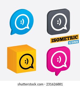 Chat sign icon. Speech bubble with smile symbol. Communication chat bubbles. Isometric speech bubbles and cube. Rotated icons with edges. Vector