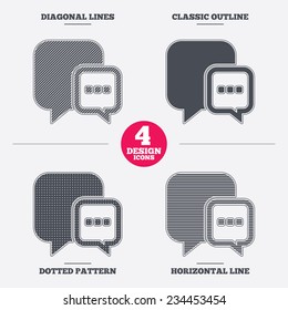 Chat sign icon. Speech bubble with three dots symbol. Communication chat bubble. Diagonal and horizontal lines, classic outline, dotted texture. Pattern design icons.  Vector