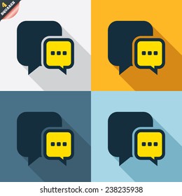 Chat sign icon. Speech bubble with three dots symbol. Communication chat bubble. Four squares. Colored Flat design buttons. Vector