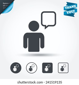 Chat sign icon. Speech bubble symbol. Chat bubble with human. Circle and square buttons. Flat design set. Thank you ribbon. Vector