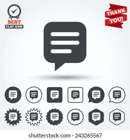Chat sign icon. Speech bubble symbol. Communication chat bubble. Circle, star, speech bubble and square buttons. Award medal with check mark. Thank you ribbon. Vector