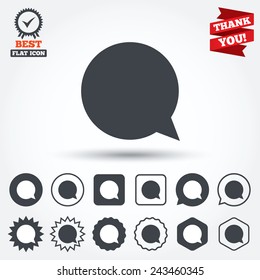 Chat sign icon. Speech bubble symbol. Communication chat bubbles. Circle, star, speech bubble and square buttons. Award medal with check mark. Thank you ribbon. Vector