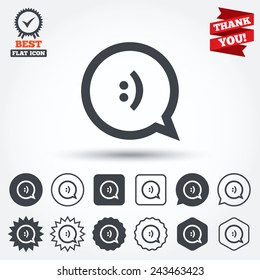 Chat sign icon. Speech bubble with smile symbol. Communication chat bubbles. Circle, star, speech bubble and square buttons. Award medal with check mark. Thank you ribbon. Vector