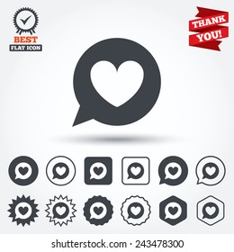 Chat sign icon. Speech bubble with heart symbol. Communication chat bubble. Circle, star, speech bubble and square buttons. Award medal with check mark. Thank you ribbon. Vector