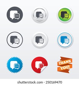 Chat sign icon. Speech bubble with three dots symbol. Communication chat bubble. Circle concept buttons. Metal edging. Star and label sticker. Vector