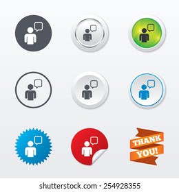 Chat sign icon. Speech bubble symbol. Chat bubble with human. Circle concept buttons. Metal edging. Star and label sticker. Vector