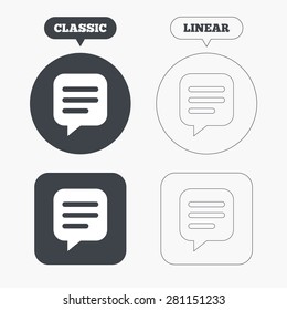Chat sign icon. Speech bubble symbol. Communication chat bubble. Classic and line web buttons. Circles and squares. Vector