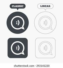 Chat sign icon. Speech bubble with smile symbol. Communication chat bubbles. Classic and line web buttons. Circles and squares. Vector