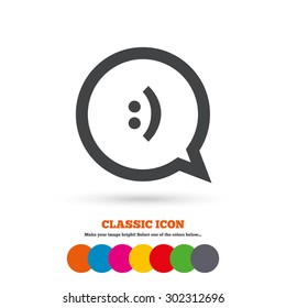 Chat sign icon. Speech bubble with smile symbol. Communication chat bubbles. Classic flat icon. Colored circles. Vector
