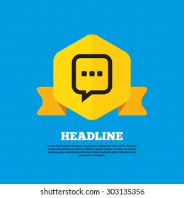Chat sign icon. Speech bubble with three dots symbol. Communication chat bubble. Yellow label tag. Circles seamless pattern on back. Vector