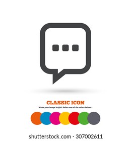 Chat sign icon. Speech bubble with three dots symbol. Communication chat bubble. Classic flat icon. Colored circles. Vector