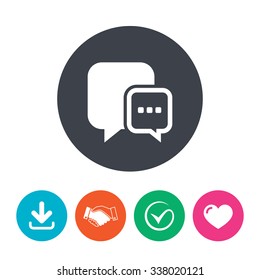 Chat sign icon. Speech bubble with three dots symbol. Communication chat bubble. Download arrow, handshake, tick and heart. Flat circle buttons.