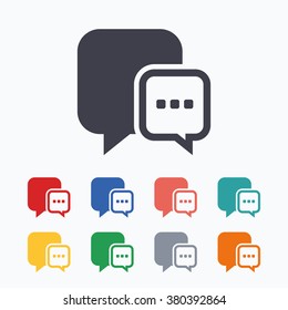 Chat sign icon. Speech bubble with three dots symbol. Communication chat bubble. Colored flat icons on white background.