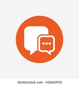 Chat sign icon. Speech bubble with three dots symbol. Communication chat bubble. Orange circle button with icon. Vector