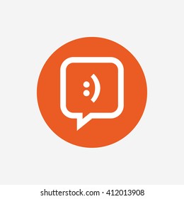 Chat sign icon. Speech bubble with smile symbol. Communication chat bubbles. Orange circle button with icon. Vector