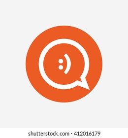 Chat sign icon. Speech bubble with smile symbol. Communication chat bubbles. Orange circle button with icon. Vector
